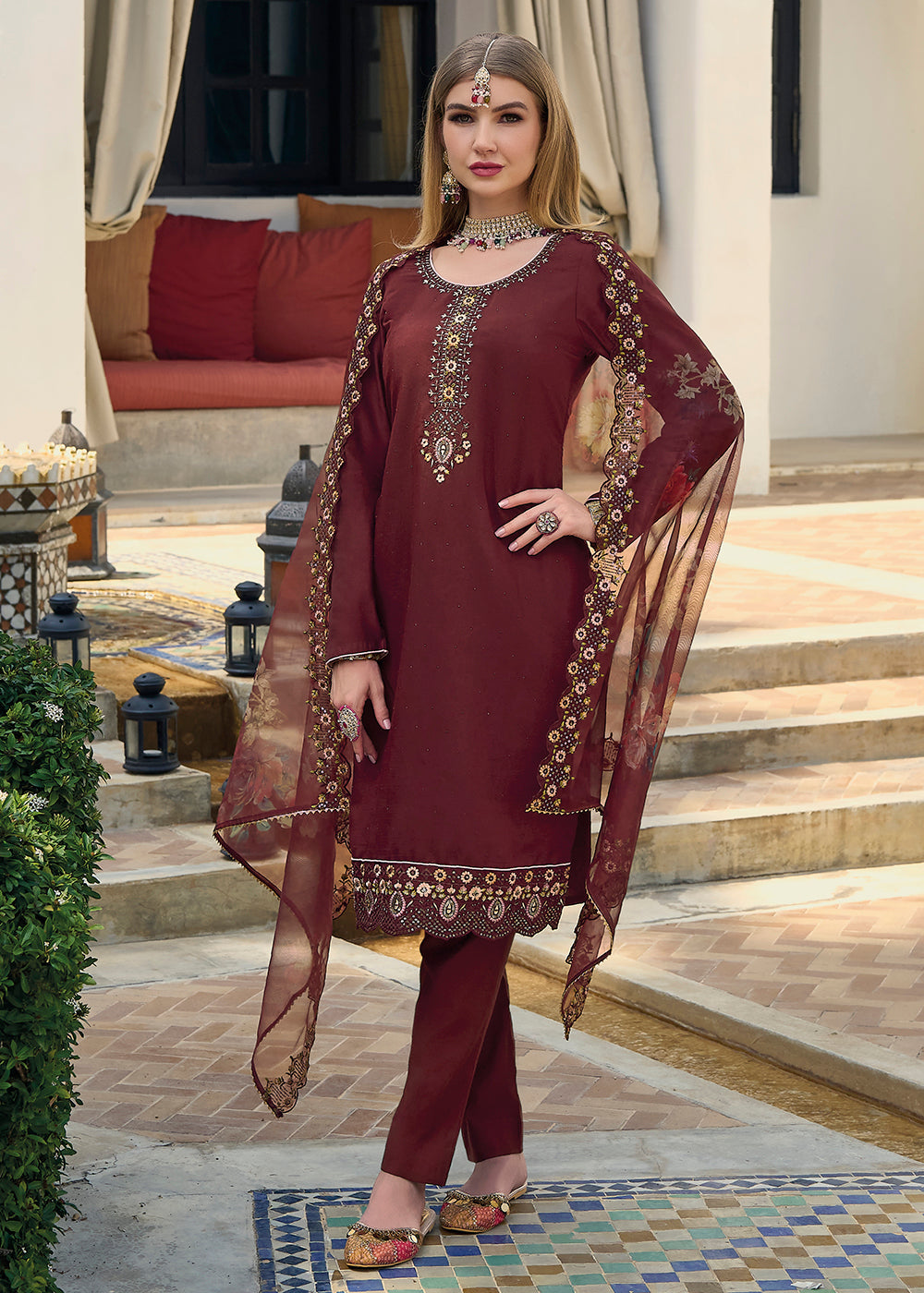 Buy Now Viscose Silk Deep Maroon Pakistani Pant Style Salwar Suit Online in USA, UK, Canada, Germany, Australia & Worldwide at Empress Clothing.