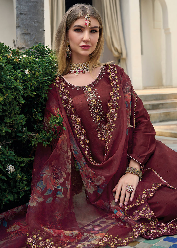 Buy Now Viscose Silk Deep Maroon Pakistani Pant Style Salwar Suit Online in USA, UK, Canada, Germany, Australia & Worldwide at Empress Clothing.