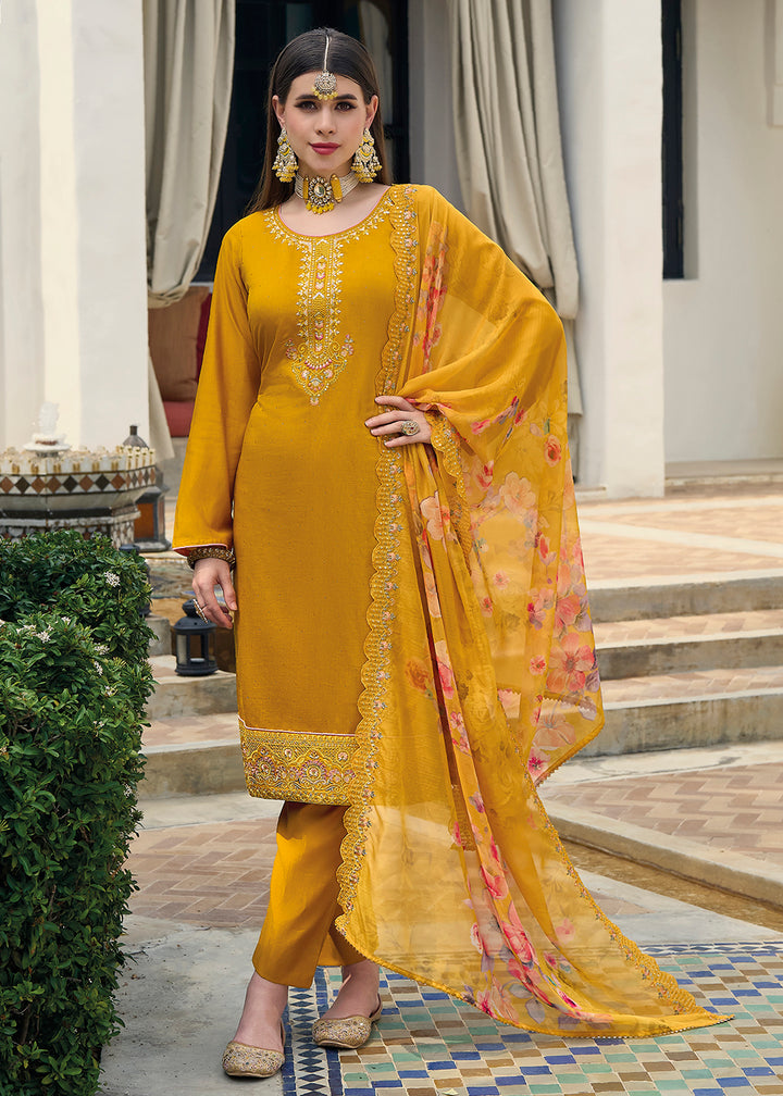 Buy Now Viscose Silk Bright Yellow Pakistani Pant Style Salwar Suit Online in USA, UK, Canada, Germany, Australia & Worldwide at Empress Clothing.