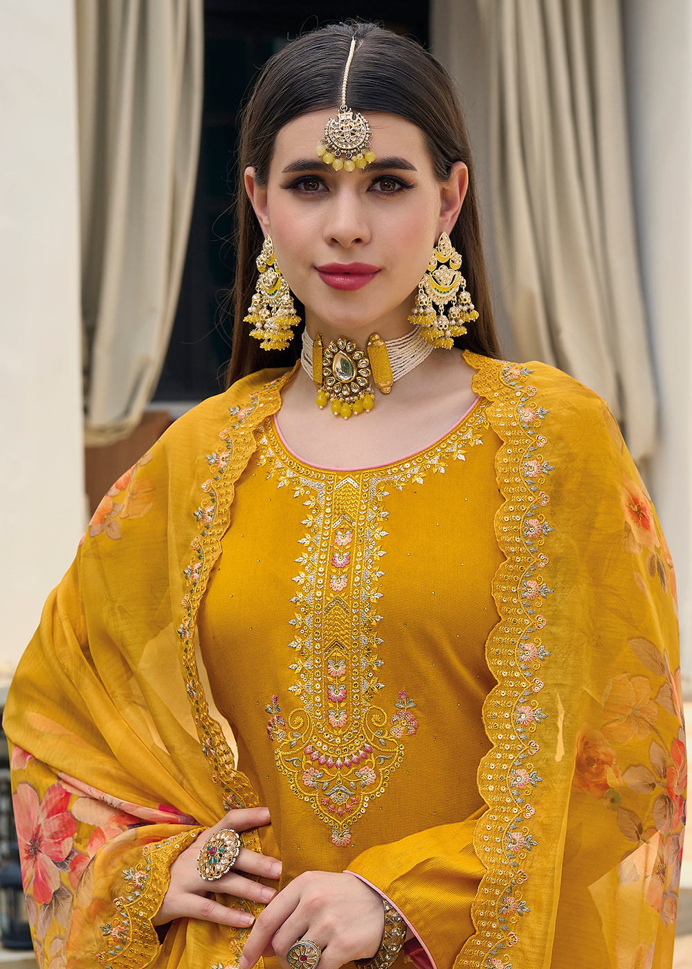 Buy Now Viscose Silk Bright Yellow Pakistani Pant Style Salwar Suit Online in USA, UK, Canada, Germany, Australia & Worldwide at Empress Clothing.