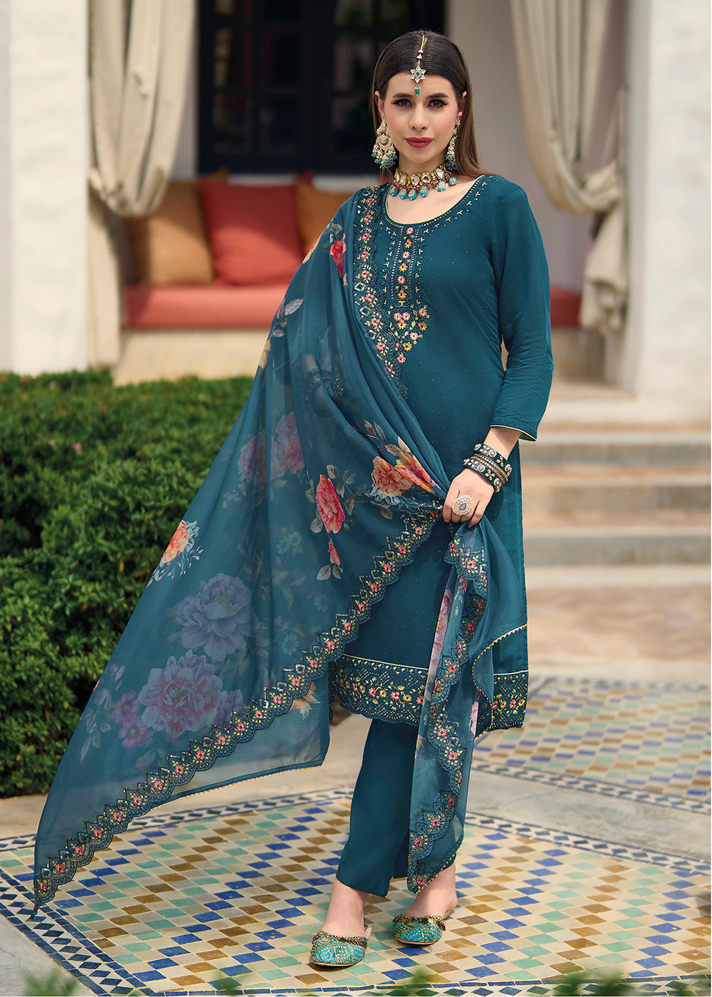 Buy Now Viscose Silk Teal Blue Pakistani Pant Style Salwar Suit Online in USA, UK, Canada, Germany, Australia & Worldwide at Empress Clothing.