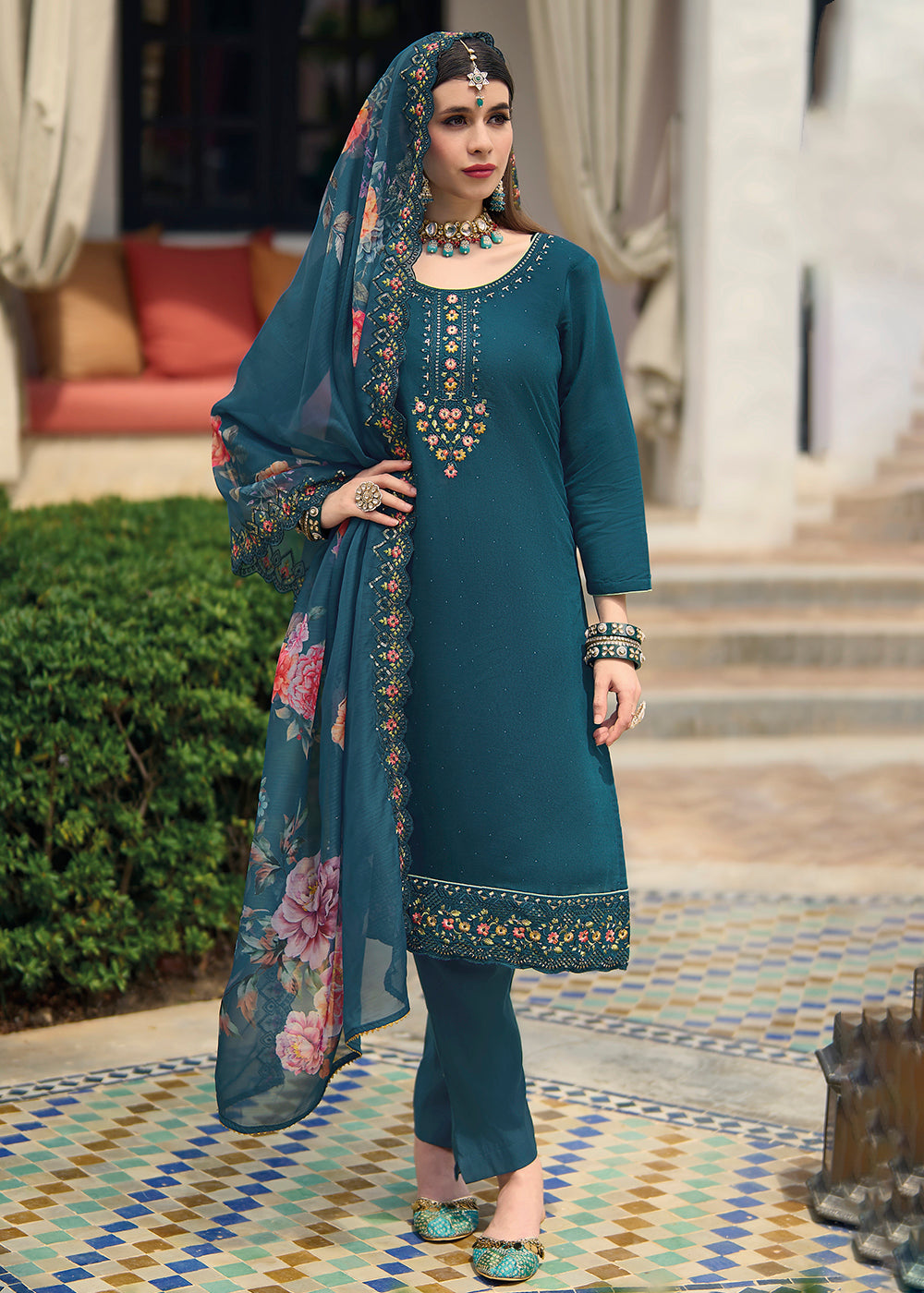 Buy Now Viscose Silk Teal Blue Pakistani Pant Style Salwar Suit Online in USA, UK, Canada, Germany, Australia & Worldwide at Empress Clothing.