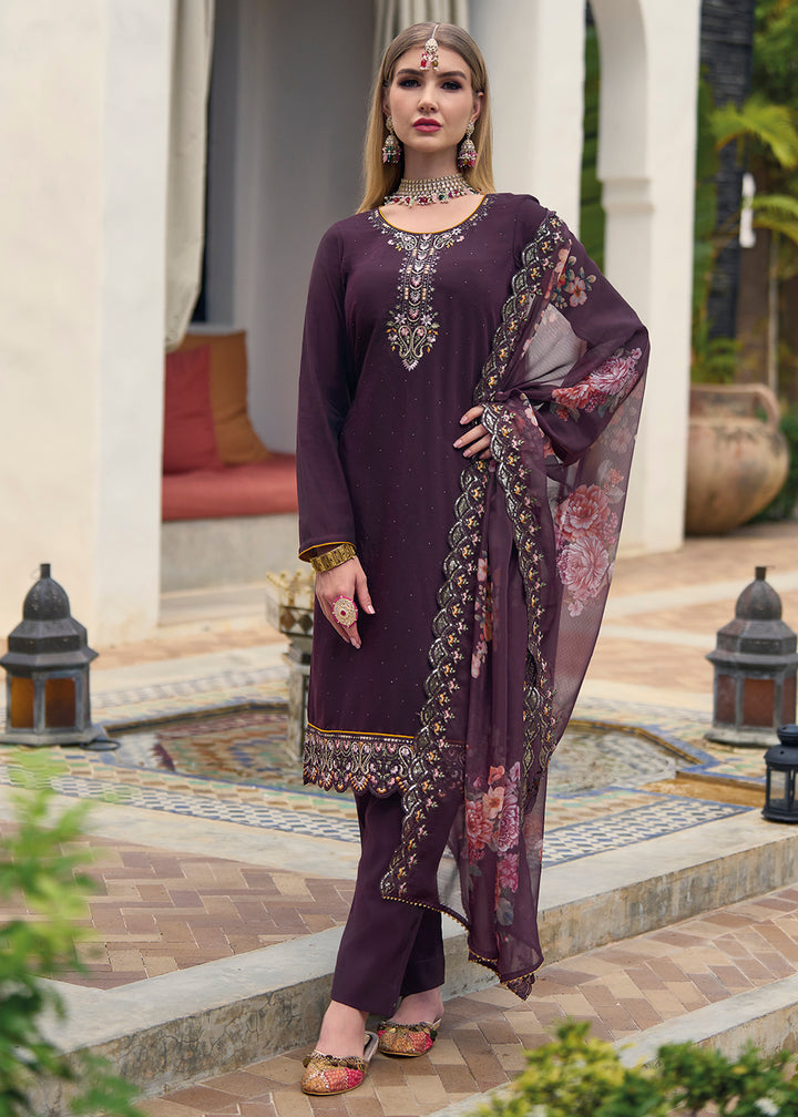Viscose Silk Plum Purple Pakistani Pant Style Salwar Suit