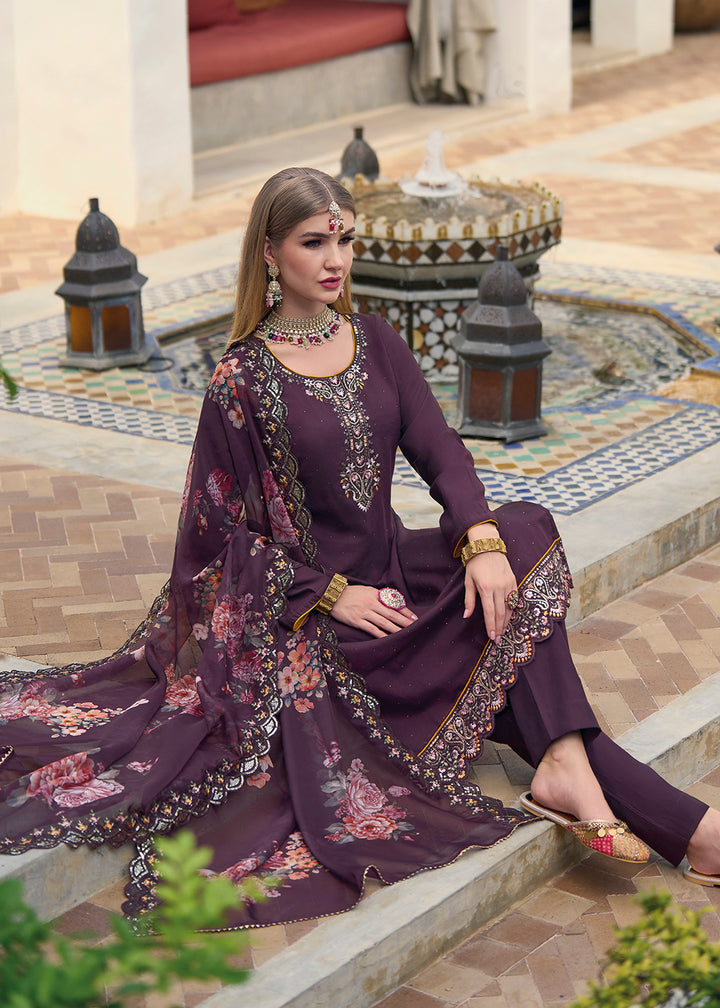 Buy Now Viscose Silk Plum Purple Pakistani Pant Style Salwar Suit Online in USA, UK, Canada, Germany, Australia & Worldwide at Empress Clothing. 
