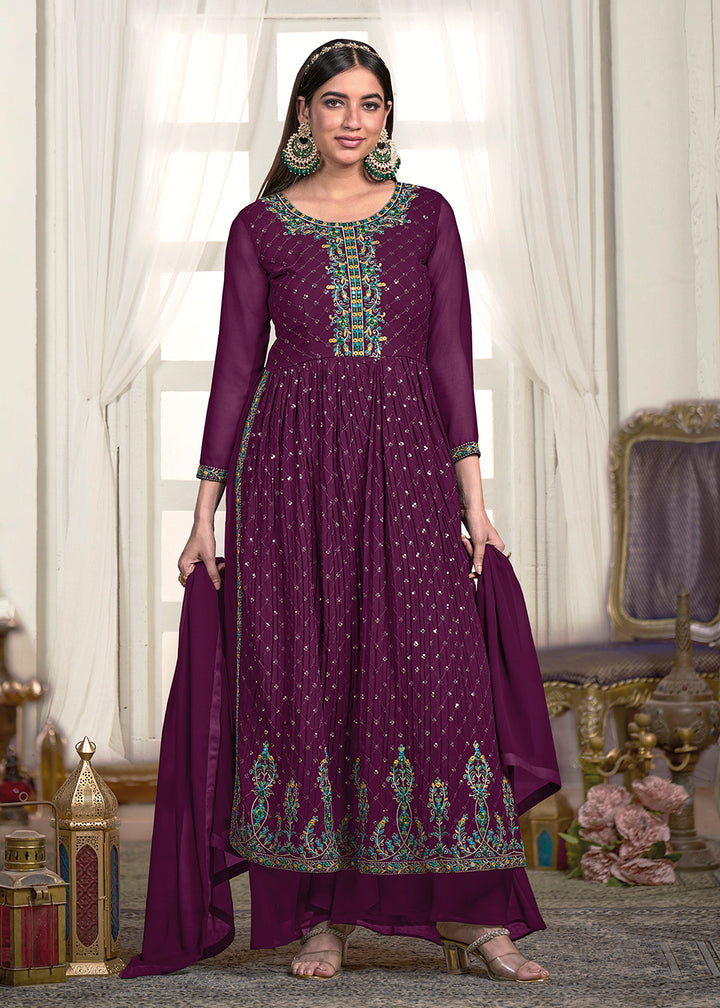 Buy Now Nyra Cut Style Exquisite Purple Blue Festive Palazzo Suit Online in USA, UK, Canada, Germany, Australia & Worldwide at Empress Clothing.