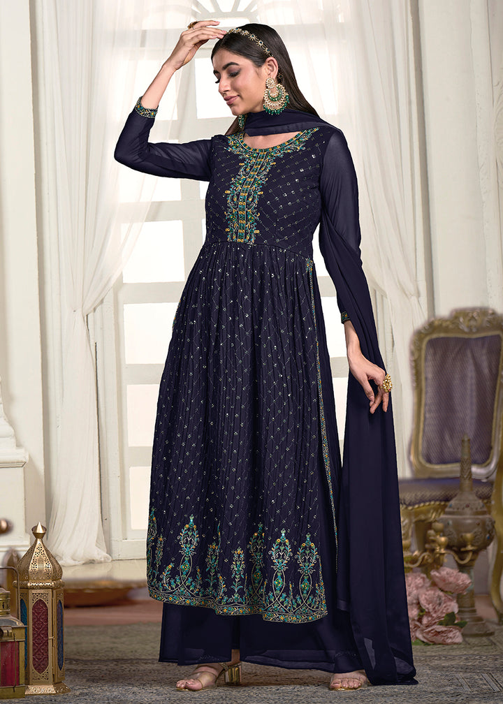 Buy Now Nyra Cut Style Royal Blue Festive Palazzo Suit Online in USA, UK, Canada, Germany, Australia & Worldwide at Empress Clothing. 