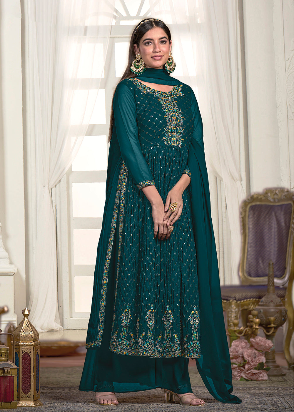 Buy Now Nyra Cut Style Teal Blue Festive Palazzo Suit Online in USA, UK, Canada, Germany, Australia & Worldwide at Empress Clothing. 