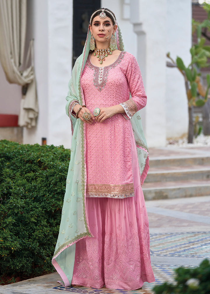 Shop Now Beautiful Soft Pink Heavy Embroidered Festive Gharara Style Suit Online at Empress Clothing in USA, UK, Canada, Italy & Worldwide.