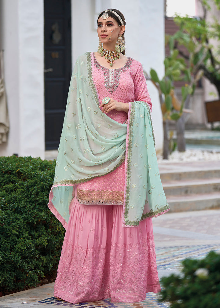 Shop Now Beautiful Soft Pink Heavy Embroidered Festive Gharara Style Suit Online at Empress Clothing in USA, UK, Canada, Italy & Worldwide.