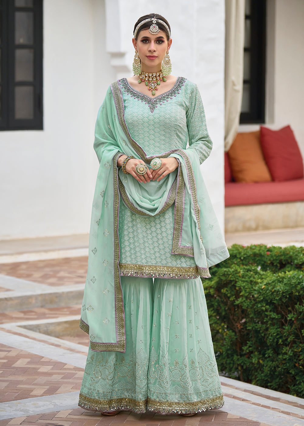 Shop Now Beautiful Aqua Blue Heavy Embroidered Festive Gharara Style Suit Online at Empress Clothing in USA, UK, Canada, Italy & Worldwide. 