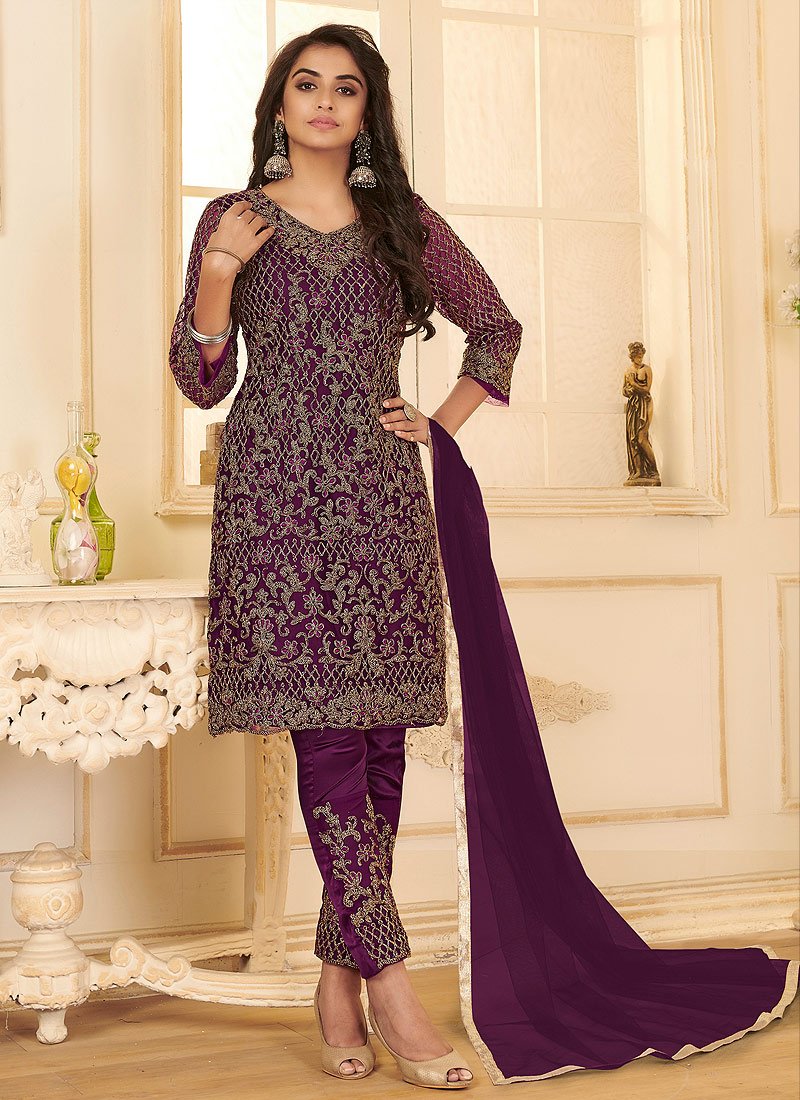 Buy Plum Purple All Over Embroidered Suit - Net Pant Style Salwar Suit