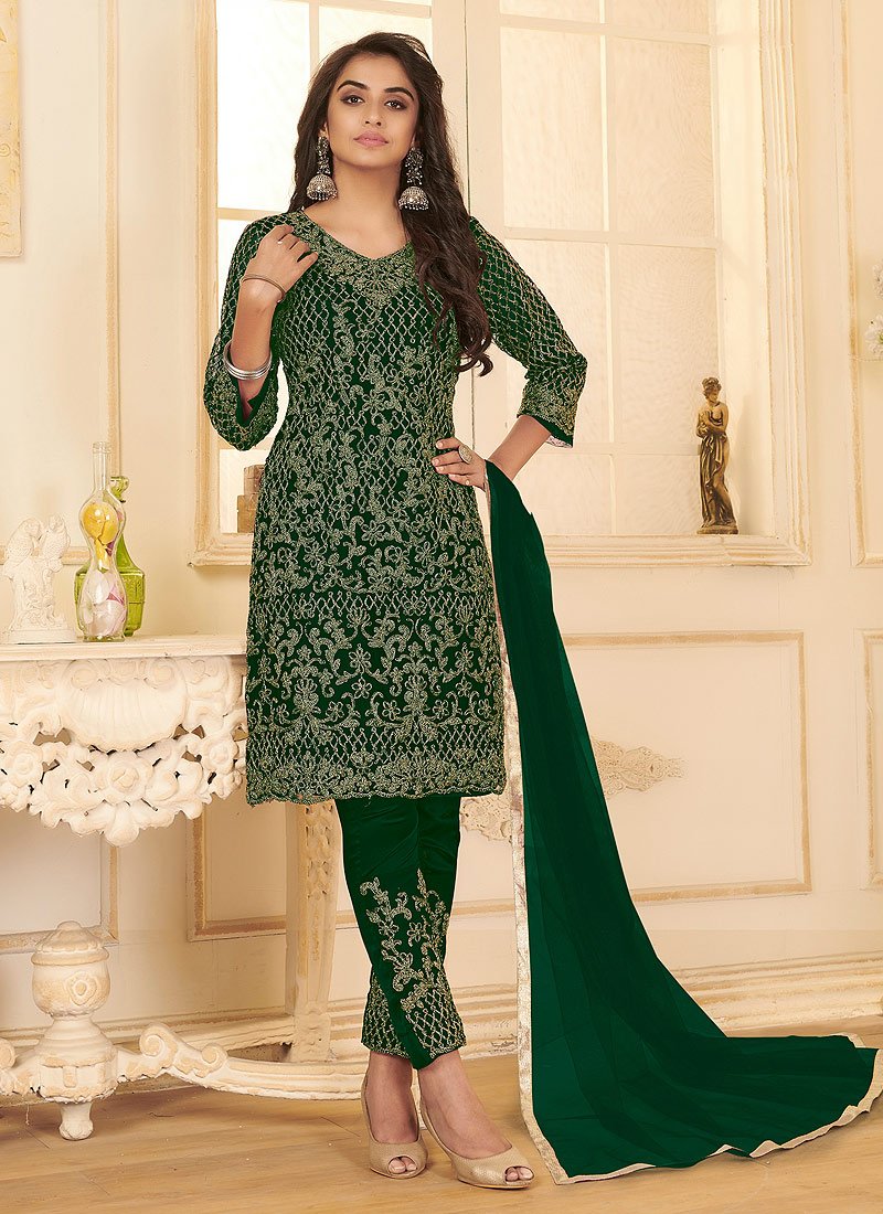 Buy Dark Green All Over Embroidered Suit - Net Pant Style Salwar Suit