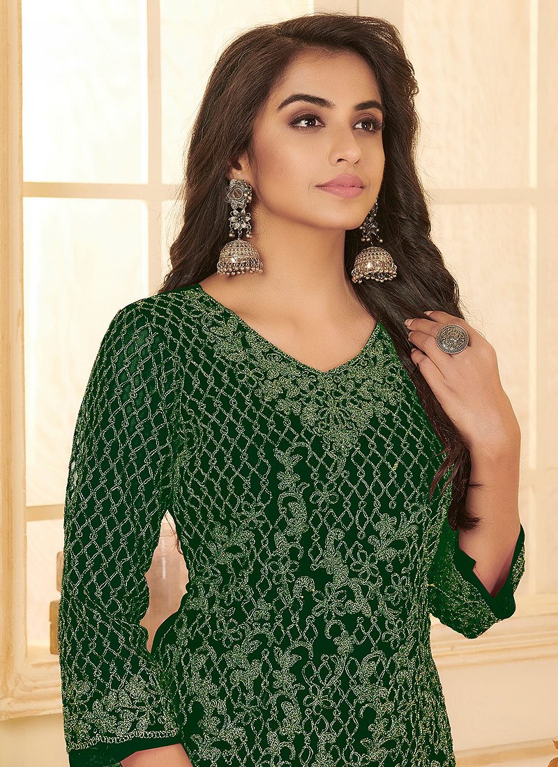 Buy Dark Green All Over Embroidered Suit - Net Pant Style Salwar Suit