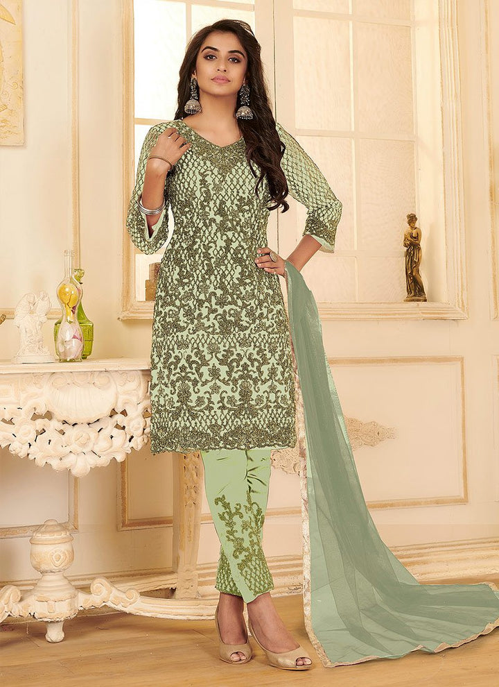 Buy Pistachio Green All Over Embroidered Suit - Pant Style Salwar Suit