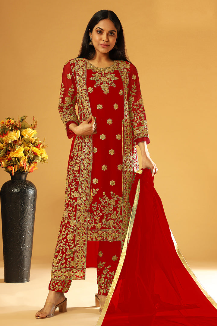Buy Bright Red Festive Wear Suit - Straight Cut Pant Style Suit