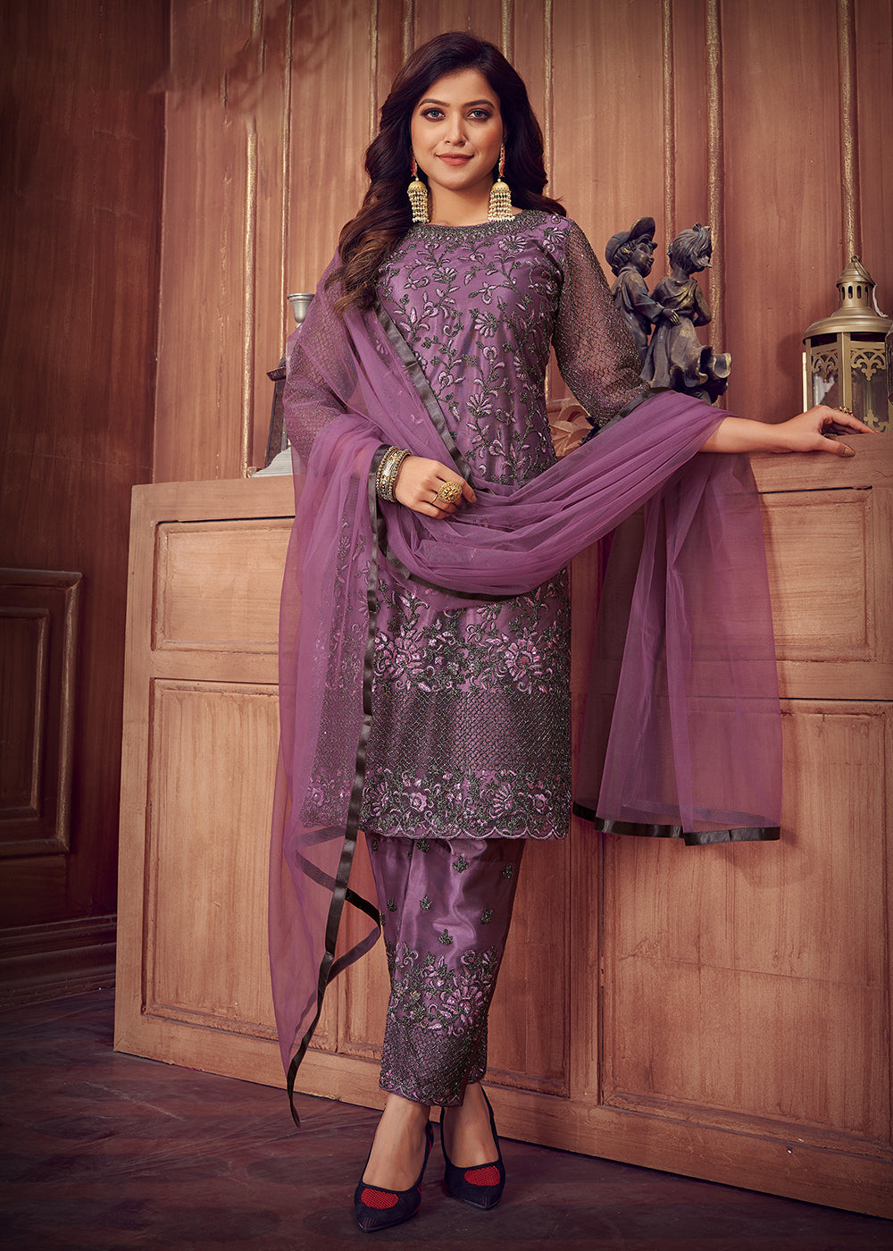 Buy Indian Designer Lilac Suit - Net Pant Style Salwar Suit