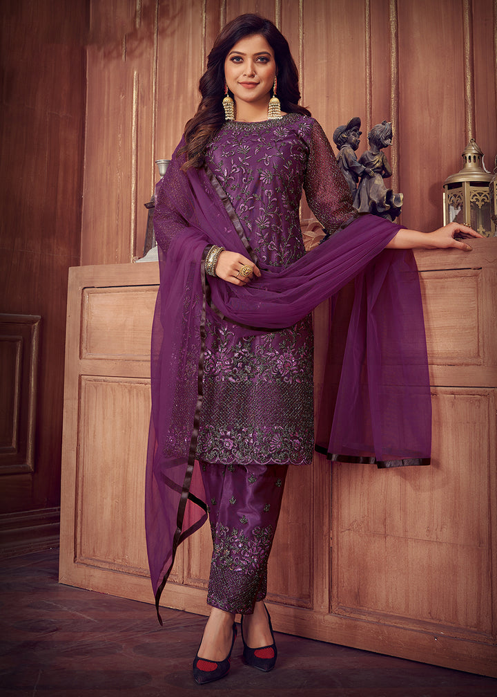 Buy Indian Designer Purple Suit - Net Pant Style Salwar Suit