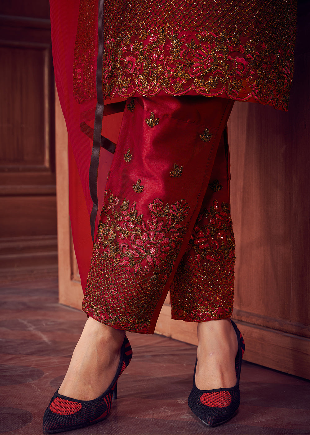 Buy Indian Designer Red Suit - Net Pant Style Salwar Suit