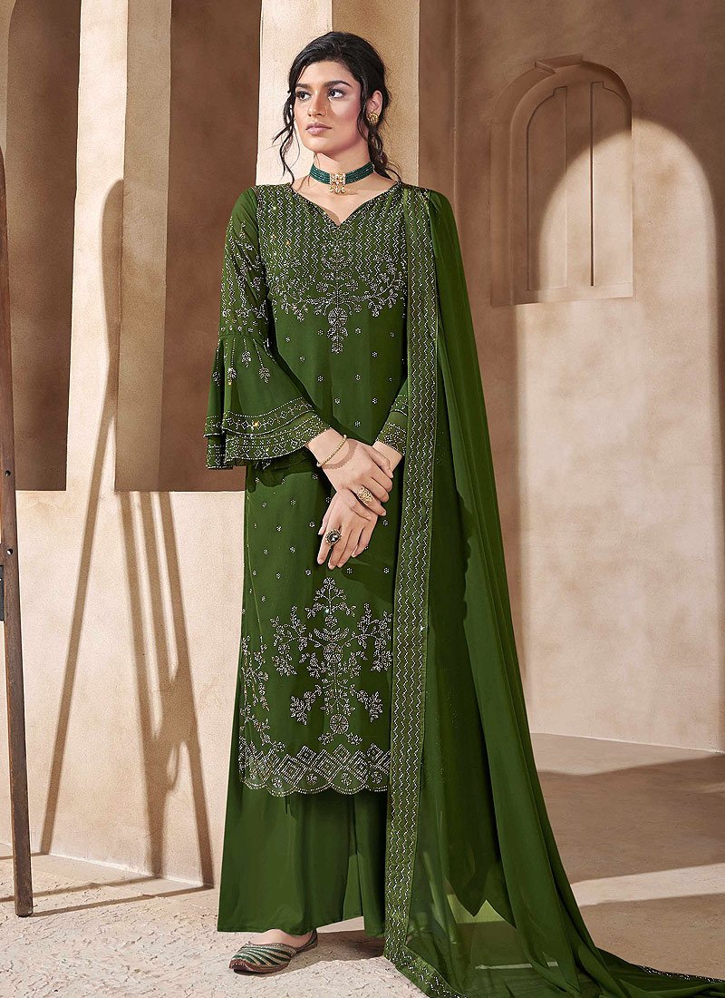 Buy Olive Green Swarovski Suit - Embroidered Palazzo Suit