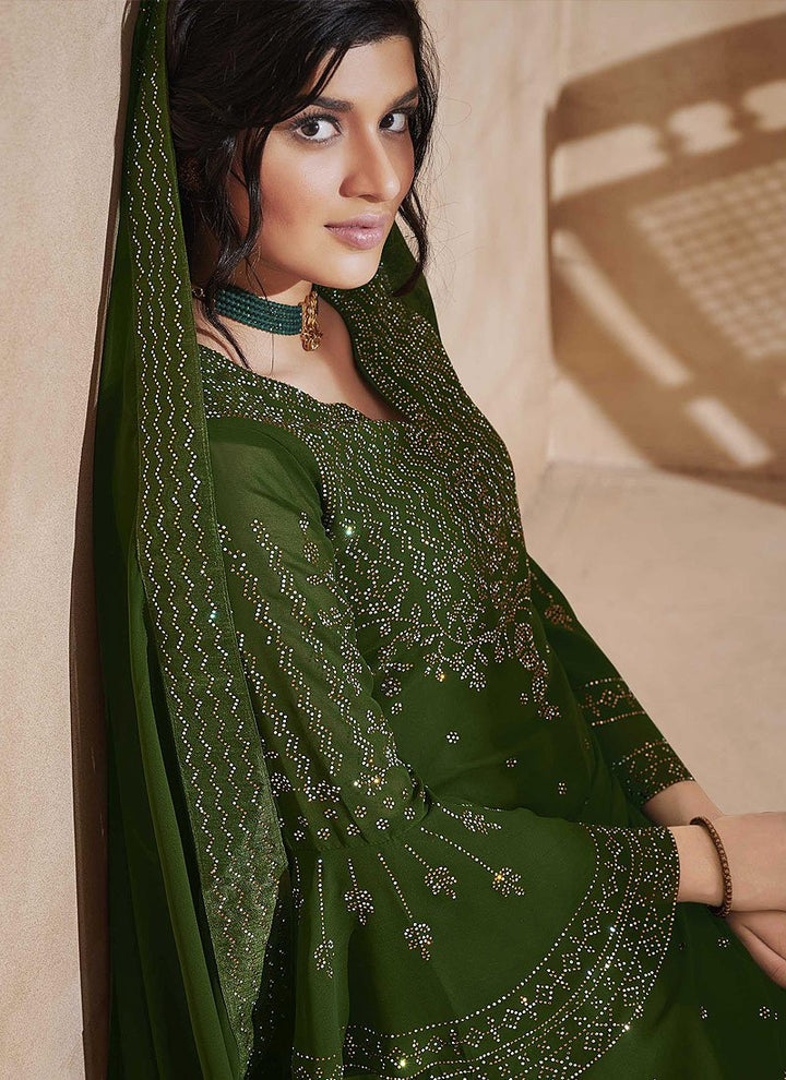 Buy Olive Green Swarovski Suit - Embroidered Palazzo Suit