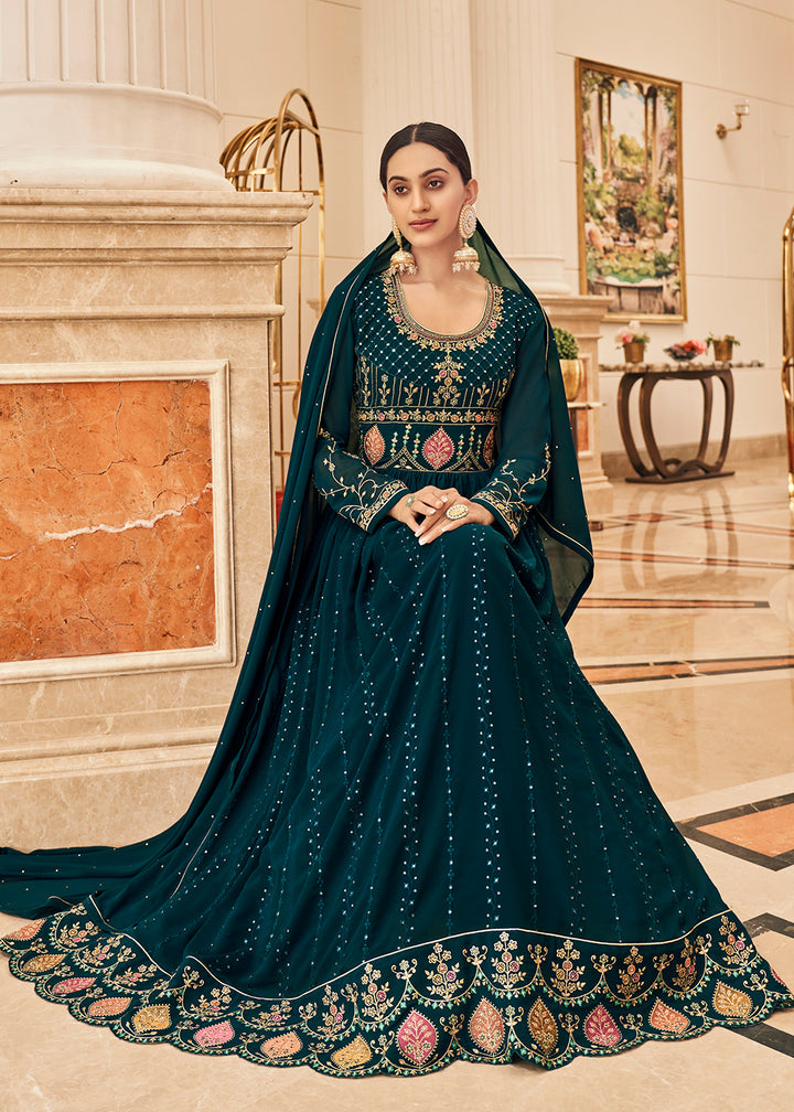 Buy Festive Embroidered Blue Anarkali - Georgette Anarkali Suit