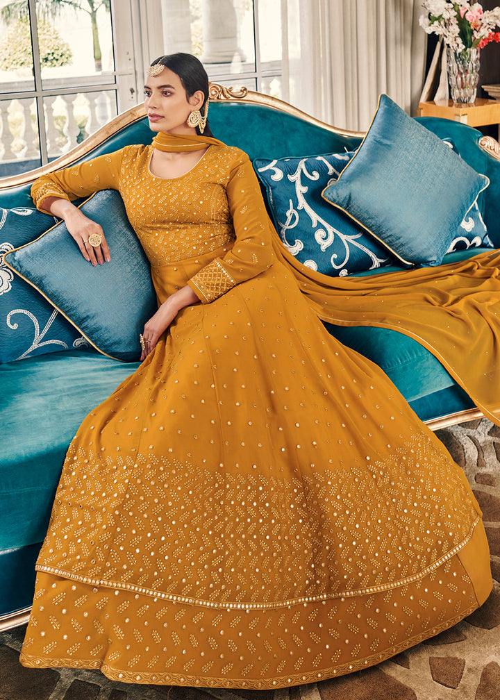 Buy Festive Embroidered Yellow Anarkali - Georgette Anarkali Suit