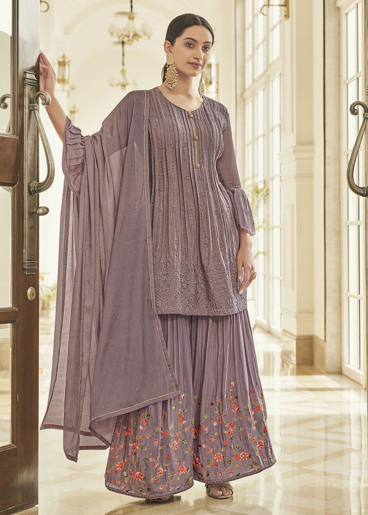 Shop Now Chinon Silk Blazing Mauve Zarkan Embroidered Sharara Suit Online at Empress Clothing in USA, UK, Canada, Italy & Worldwide.