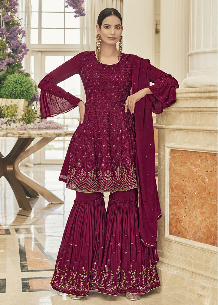 Shop Now Chinon Silk Blazing Hot Pink Zarkan Embroidered Gharara Suit Online at Empress Clothing in USA, UK, Canada, Italy & Worldwide. 