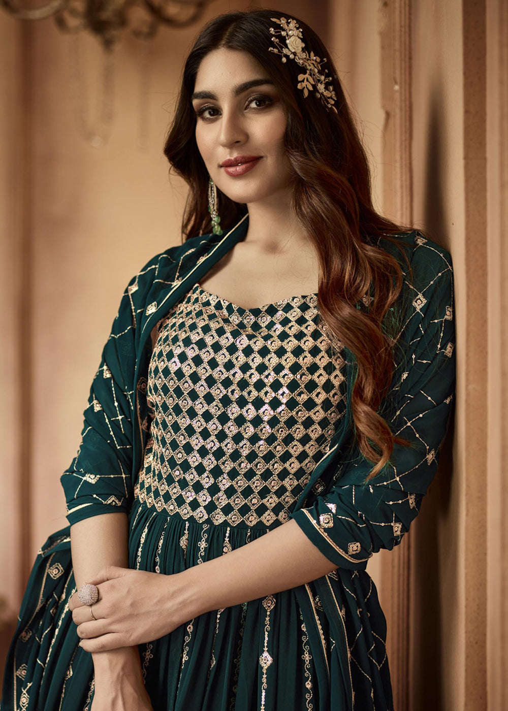 Buy Now Imperial Bottle Green Sequins Wedding Festive Anarkali Suit Online in USA, UK, Australia, New Zealand, Canada & Worldwide at Empress Clothing.
