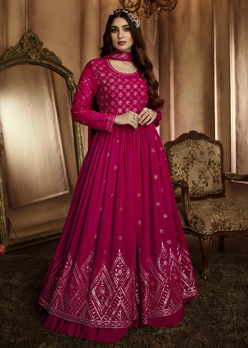 Buy Now Engrossing Rani Pink Sequins Wedding Festive Anarkali Suit Online in USA, UK, Australia, New Zealand, Canada & Worldwide at Empress Clothing. 