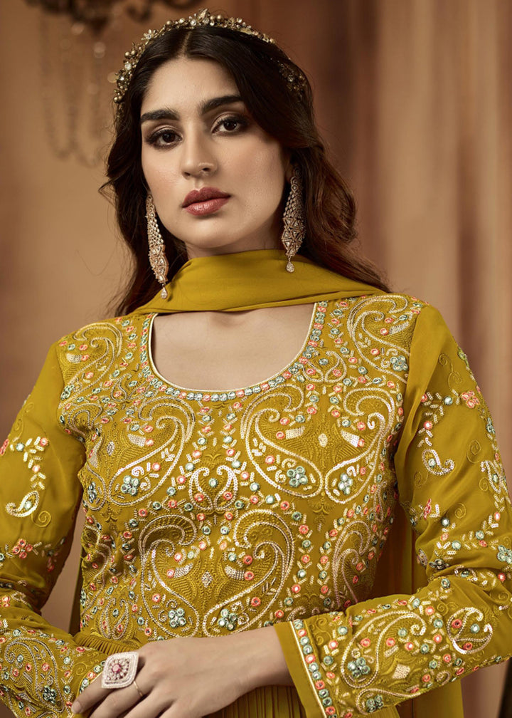 Buy Now Astounding Mustard Yellow Sequins Wedding Festive Anarkali Suit Online in USA, UK, Australia, New Zealand, Canada & Worldwide at Empress Clothing.