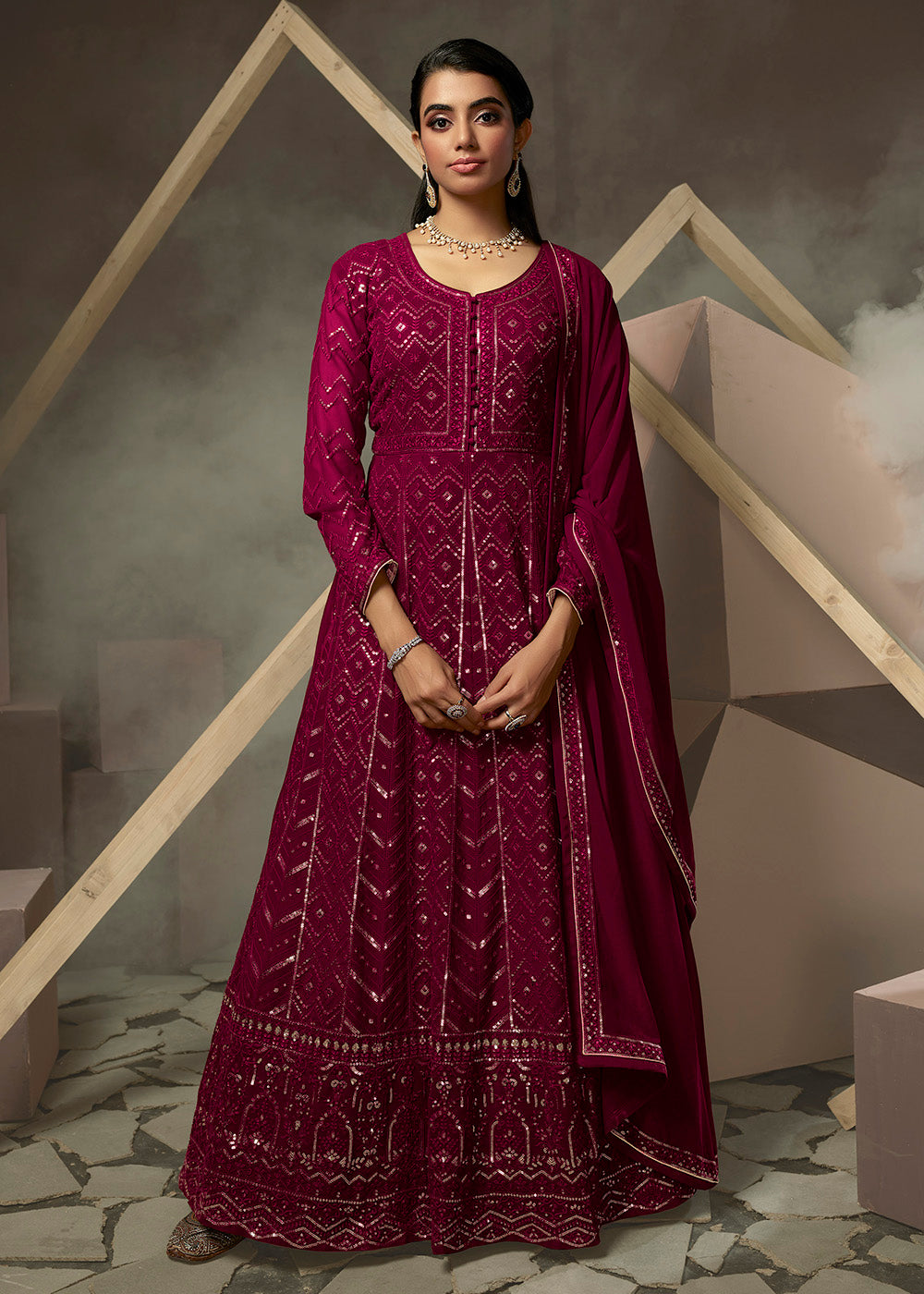 Buy Now Rani Pink Lucknowi Style Embroidered Georgette Gown Online in USA, UK, Australia, New Zealand, Canada & Worldwide at Empress Clothing. 
