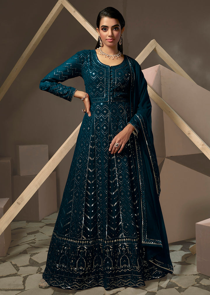 Buy Now Turquoise Blue Lucknowi Style Embroidered Georgette Gown Online in USA, UK, Australia, New Zealand, Canada & Worldwide at Empress Clothing. 