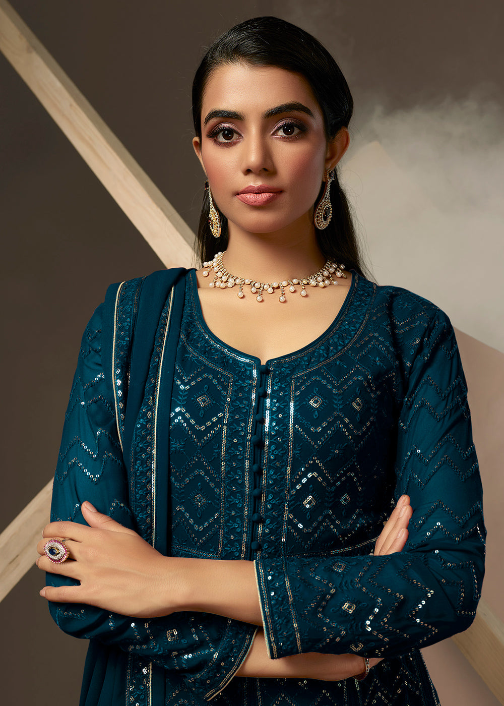 Buy Now Turquoise Blue Lucknowi Style Embroidered Georgette Gown Online in USA, UK, Australia, New Zealand, Canada & Worldwide at Empress Clothing. 