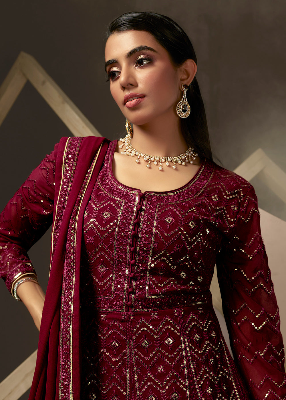 Buy Now Swanky Maroon Lucknowi Style Embroidered Georgette Gown Online in USA, UK, Australia, New Zealand, Canada & Worldwide at Empress Clothing.