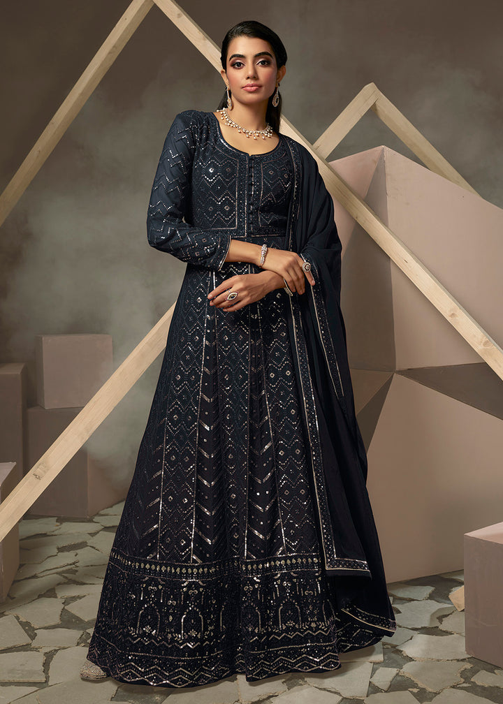 Buy Now Deep Blue Lucknowi Style Embroidered Georgette Gown Online in USA, UK, Australia, New Zealand, Canada & Worldwide at Empress Clothing. 