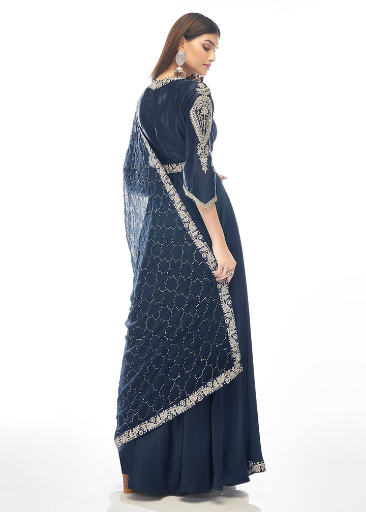 Buy Now Marino Blue Jewel Style Work Satin Wedding Anarkali Suit Online in UK at Empress Clothing.