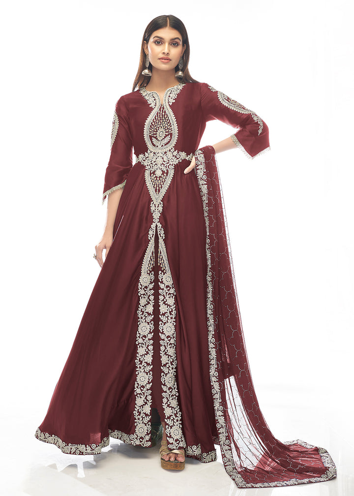 Buy Now Anger Red Jewel Style Work Satin Wedding Anarkali Suit Online in UK at Empress Clothing.