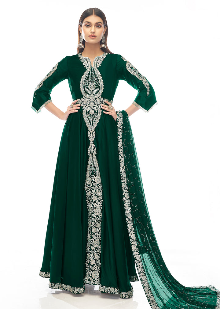 Buy Now Amazonas Green Jewel Style Work Satin Wedding Anarkali Suit Online in UK at Empress Clothing.