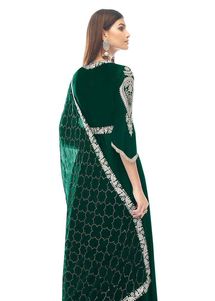 Buy Now Amazonas Green Jewel Style Work Satin Wedding Anarkali Suit Online in UK at Empress Clothing.