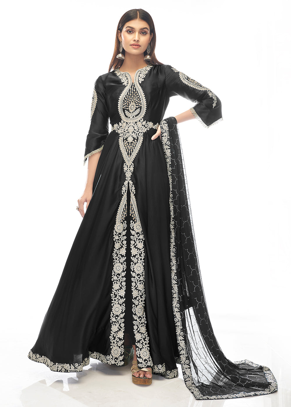 Buy Now Jade Black Jewel Style Work Satin Wedding Anarkali Suit Online in UK at Empress Clothing.