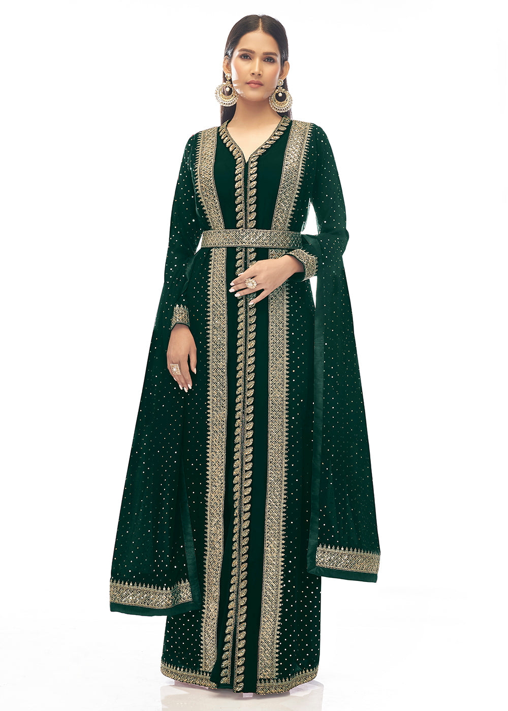 Buy Now Premium Georgette Amazonas Green Jacket Style Anarkali Dress Online in UK at Empress Clothing