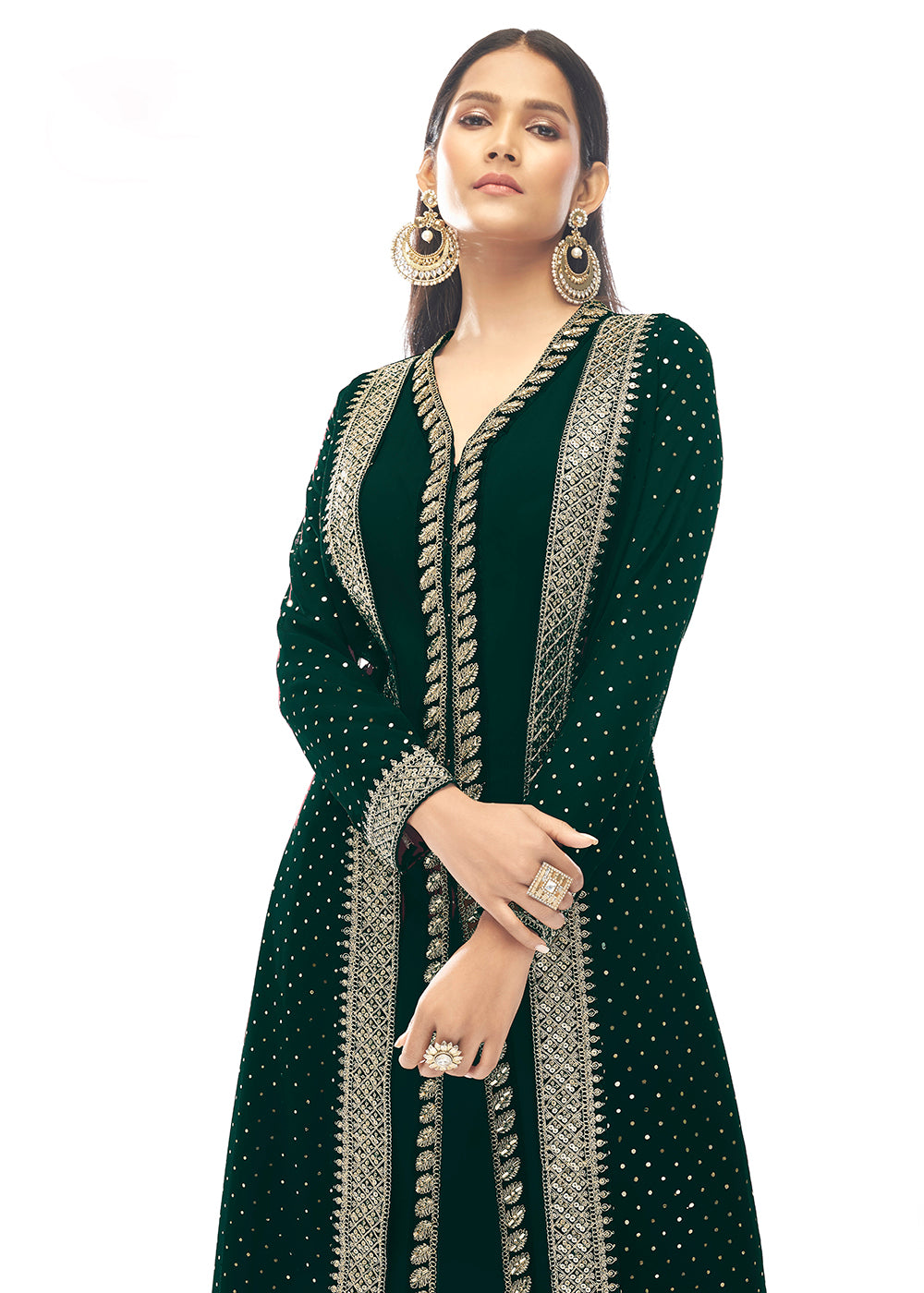 Buy Now Premium Georgette Amazonas Green Jacket Style Anarkali Dress Online in UK at Empress Clothing