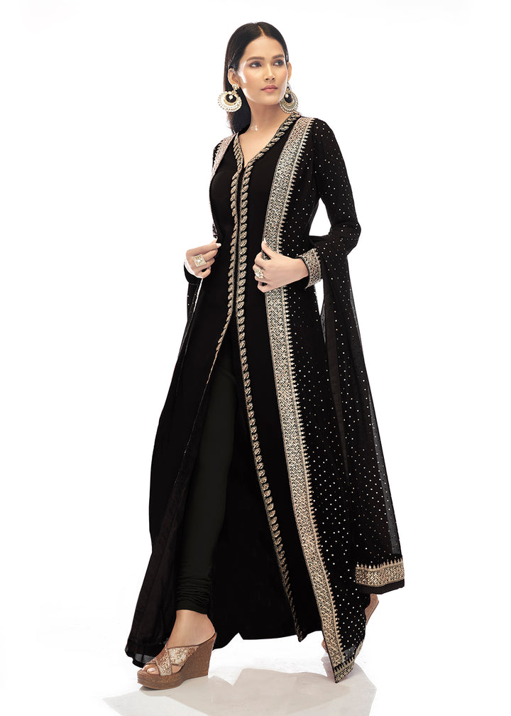 Buy Now Premium Georgette Jade Black Jacket Style Anarkali Dress Online in UK at Empress Clothing.