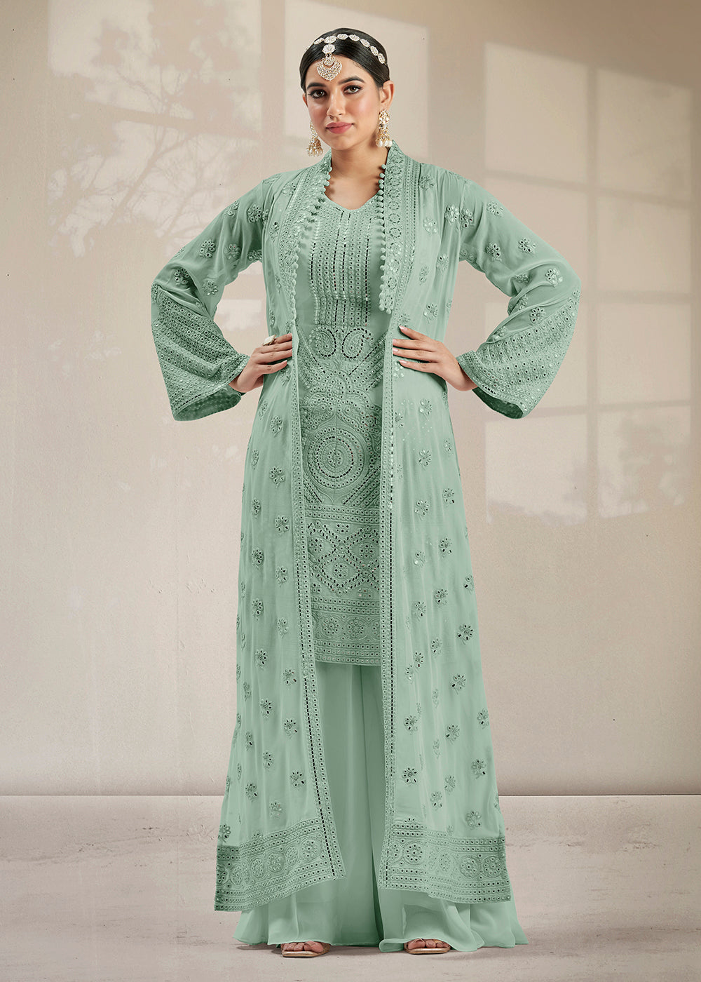 Buy Now Excellent Party Style Aqua Green Jacket Style Palazzo Suit Online in USA, UK, Canada & Worldwide at Empress Clothing. 
