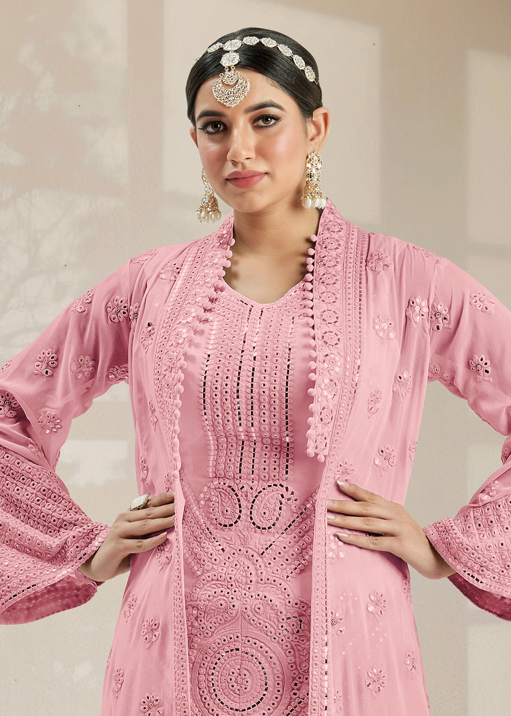 Buy Now Excellent Party Style Soft Pink Jacket Style Palazzo Suit Online in USA, UK, Canada & Worldwide at Empress Clothing.