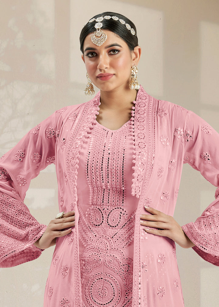 Buy Now Excellent Party Style Soft Pink Jacket Style Palazzo Suit Online in USA, UK, Canada & Worldwide at Empress Clothing.