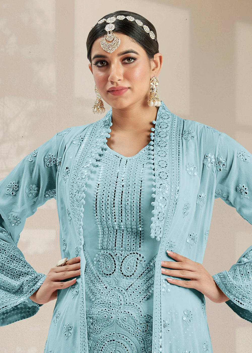 Buy Now Excellent Party Style Sky Blue Jacket Style Palazzo Suit Online in USA, UK, Canada & Worldwide at Empress Clothing. 