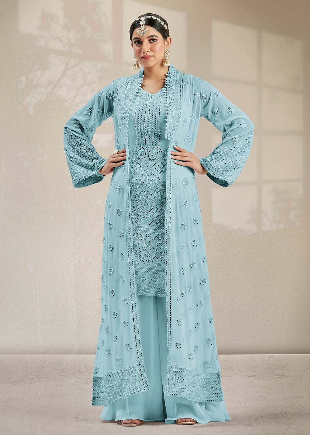 Buy Now Excellent Party Style Sky Blue Jacket Style Palazzo Suit Online in USA, UK, Canada & Worldwide at Empress Clothing. 