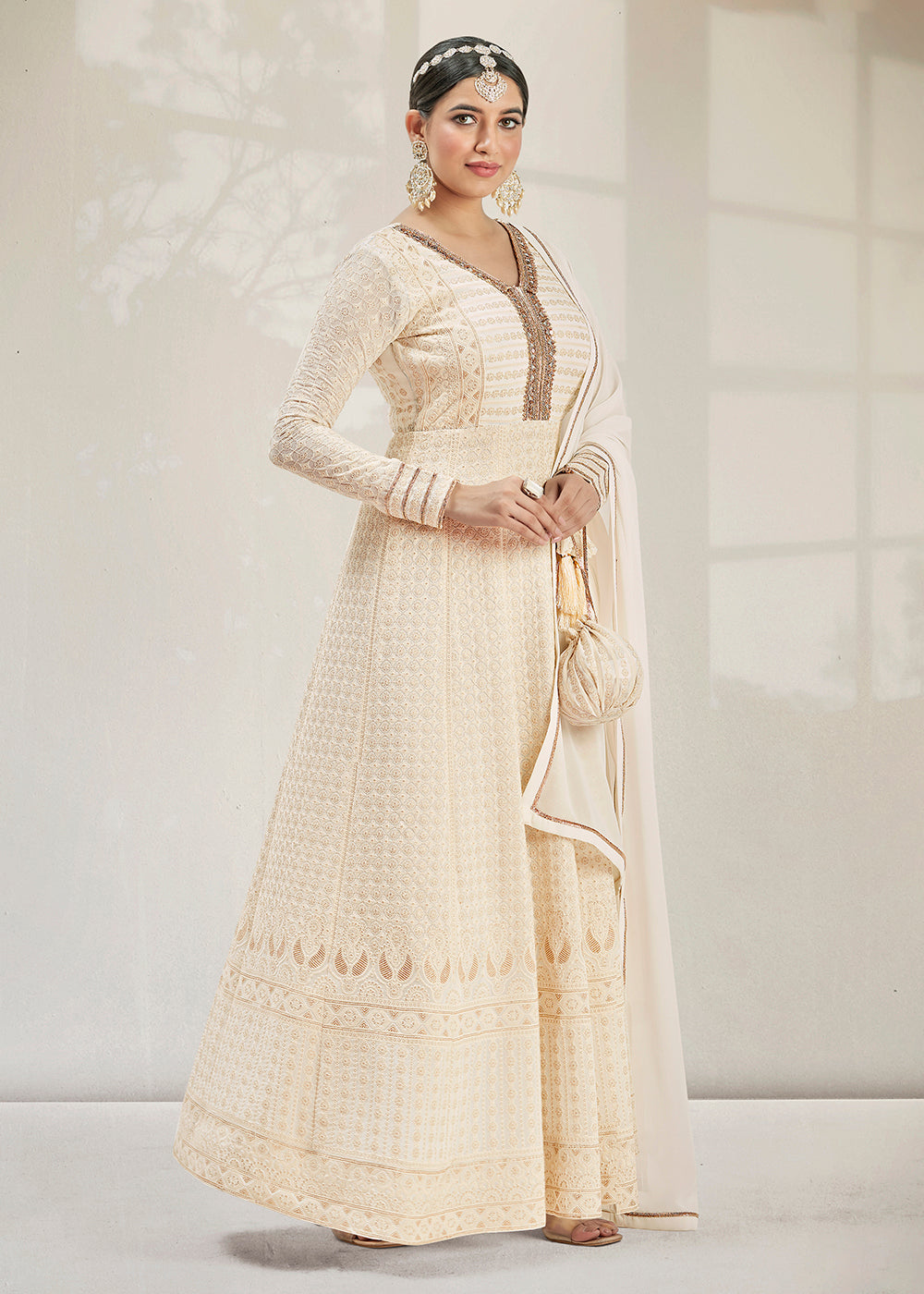 Buy Now Glittering Party Style Pearl White Traditional Embroidered Anarkali Suit Online in USA, UK, Australia, New Zealand, Canada & Worldwide at Empress Clothing.
